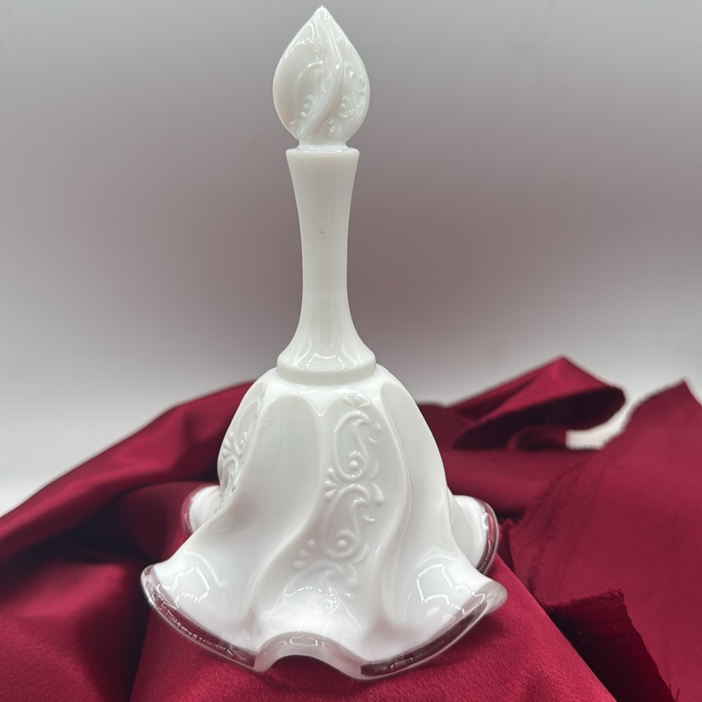 Fenton White Milk Glass Silver Crest Wedding Bell/Paisley Pattern, Ruffled Edge